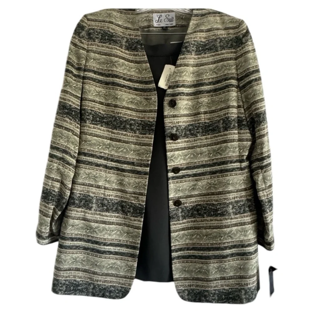 LE SUIT Women VintageGreen Striped Button Down Blazer Jacket w/Skirt-Sz 10 (NEW)